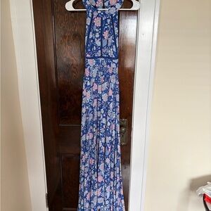 Abel the Label Floral Boho Halter Maxi Dress in Blue and Pink